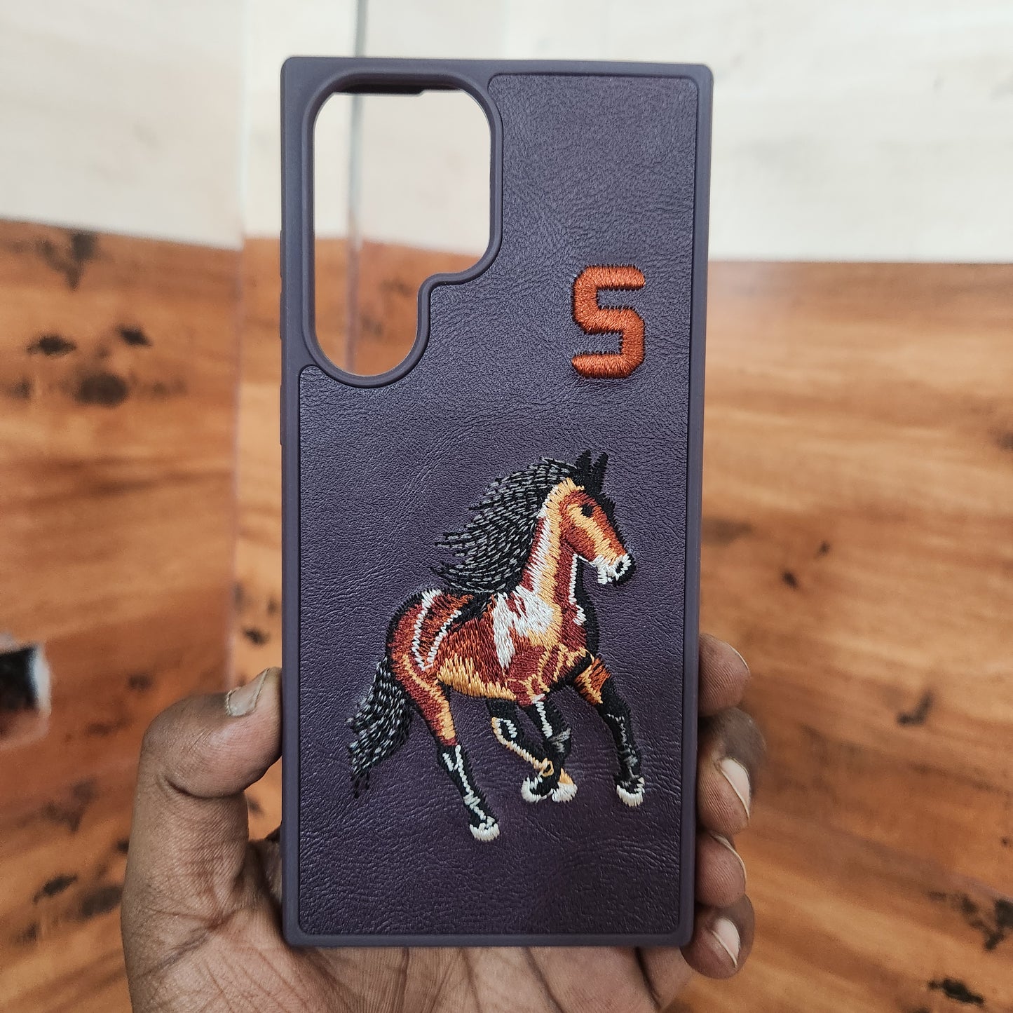 Samsung Galaxy S22 Ultra Horse Embroidery PU Leather Case with Number - Purple