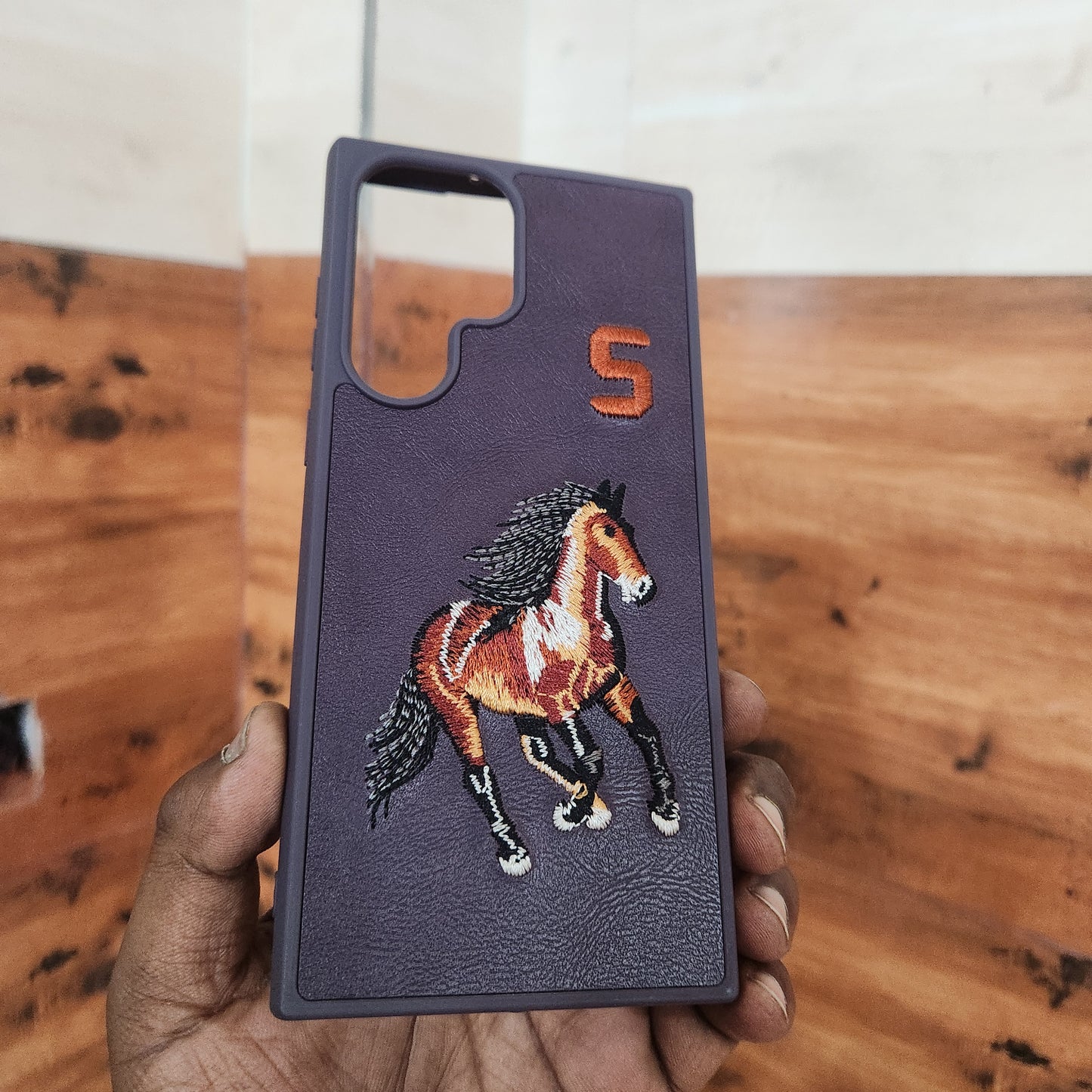 Samsung Galaxy S22 Ultra Horse Embroidery PU Leather Case with Number - Purple