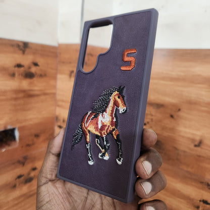 Samsung Galaxy S22 Ultra Horse Embroidery PU Leather Case with Number - Purple