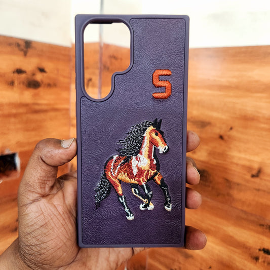 Samsung Galaxy S22 Ultra Horse Embroidery PU Leather Case with Number - Purple
