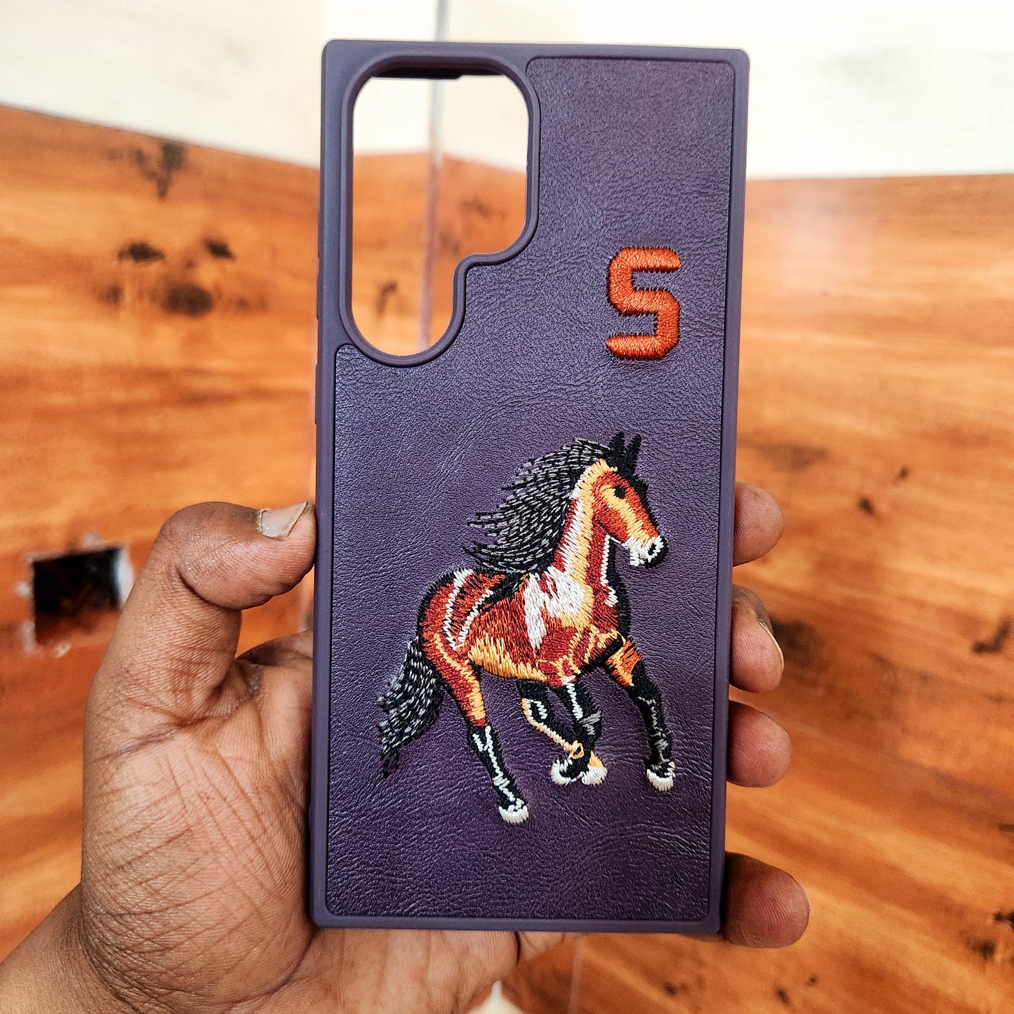 Samsung Galaxy S22 Ultra Horse Embroidery PU Leather Case with Number - Purple