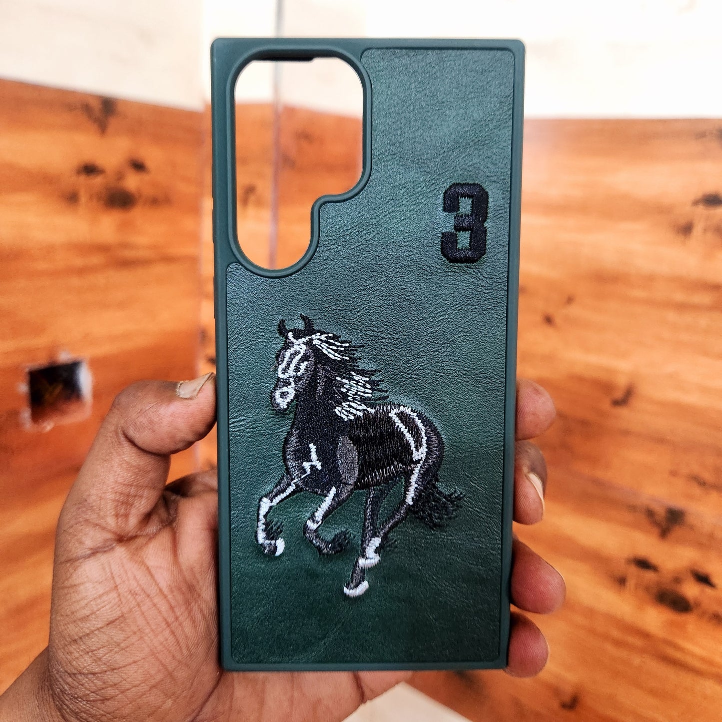 Samsung Galaxy S22 Ultra Horse Embroidery PU Leather Case with Number -Green