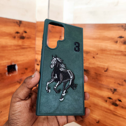 Samsung Galaxy S22 Ultra Horse Embroidery PU Leather Case with Number -Green
