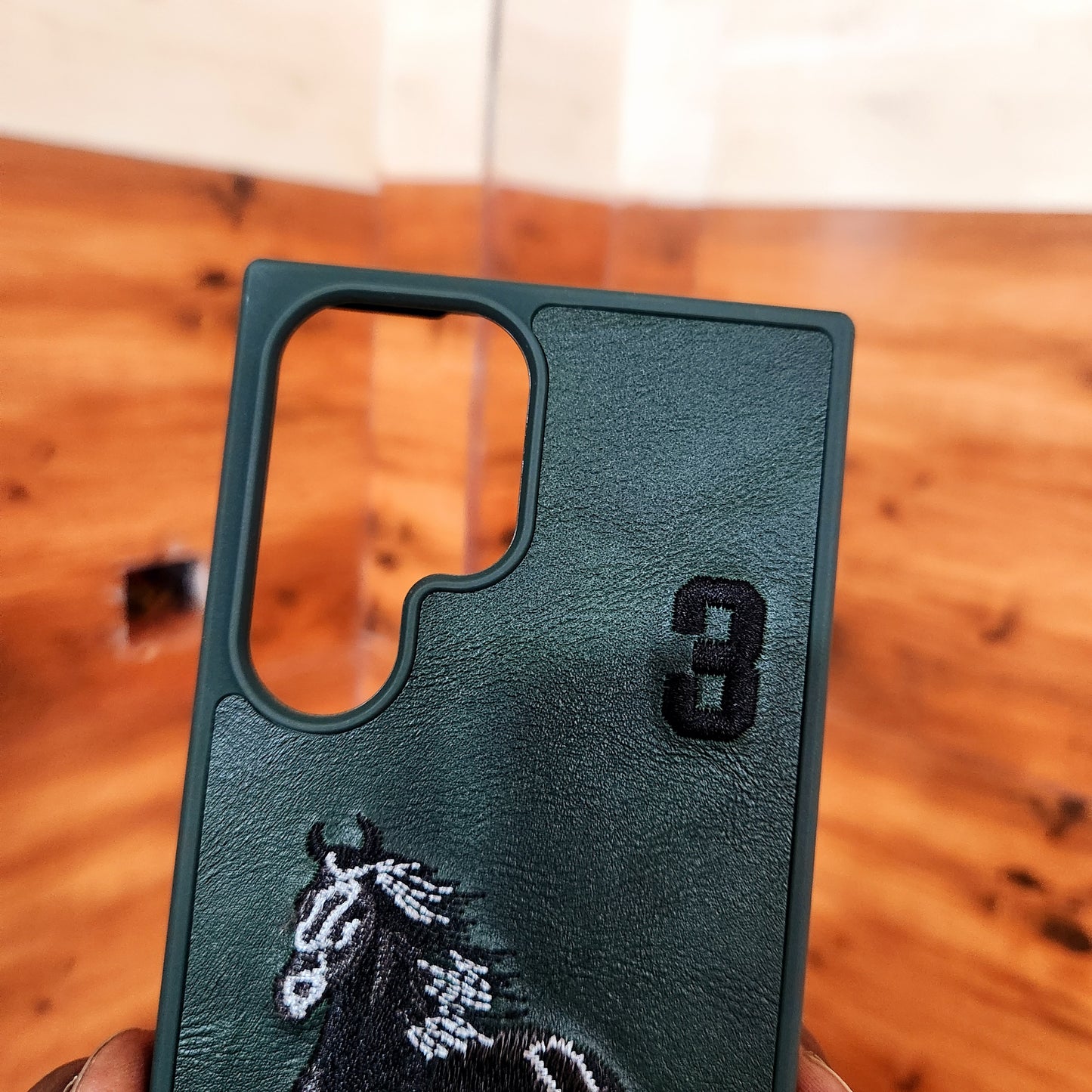 Samsung Galaxy S22 Ultra Horse Embroidery PU Leather Case with Number -Green