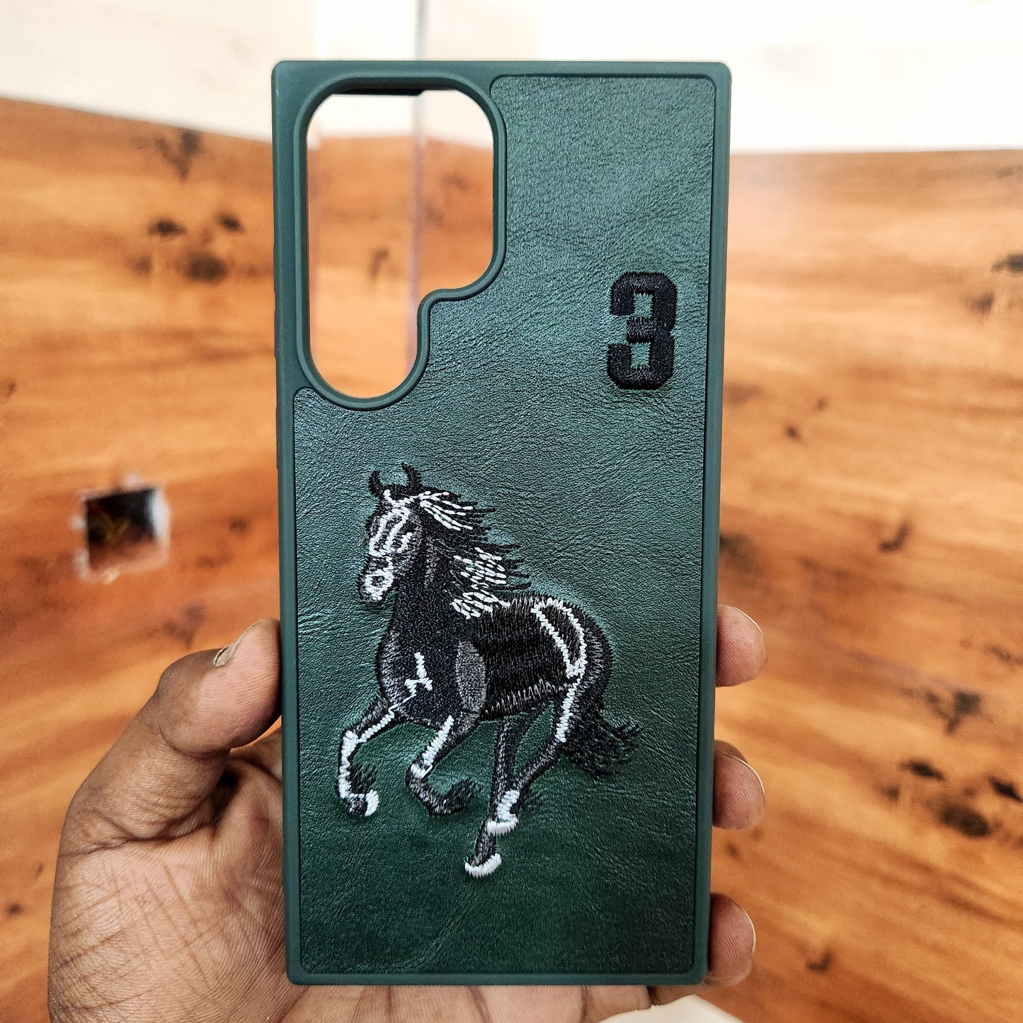 Samsung Galaxy S22 Ultra Horse Embroidery PU Leather Case with Number -Green