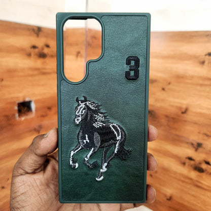 Samsung Galaxy S22 Ultra Horse Embroidery PU Leather Case with Number -Green