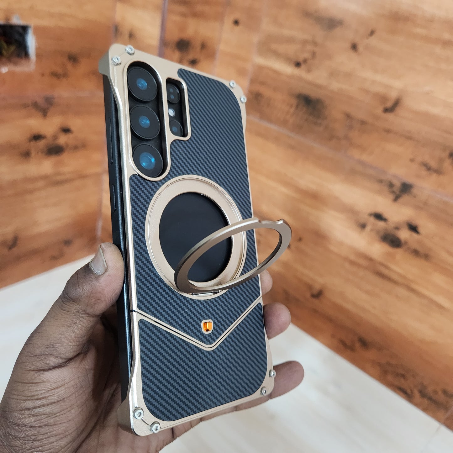 Samsung Galaxy S25 Ultra V Style Carbon Metal Bumper Case with Magsafe & 360 Stand - Desert