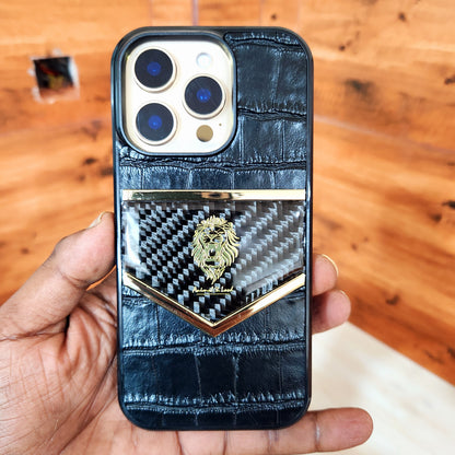 iPhone 16 Pro Classic Leather Shine Carbon Case with Golden Chrome - Design 2