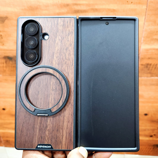Samsung Galaxy Z Fold7 Wooden Case with 360° Detachable Magsafe Metal Ring - Brown