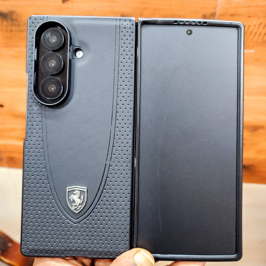 Samsung Galaxy Z Fold7 Luxury Sport Car Logo Design Leather Case - Black