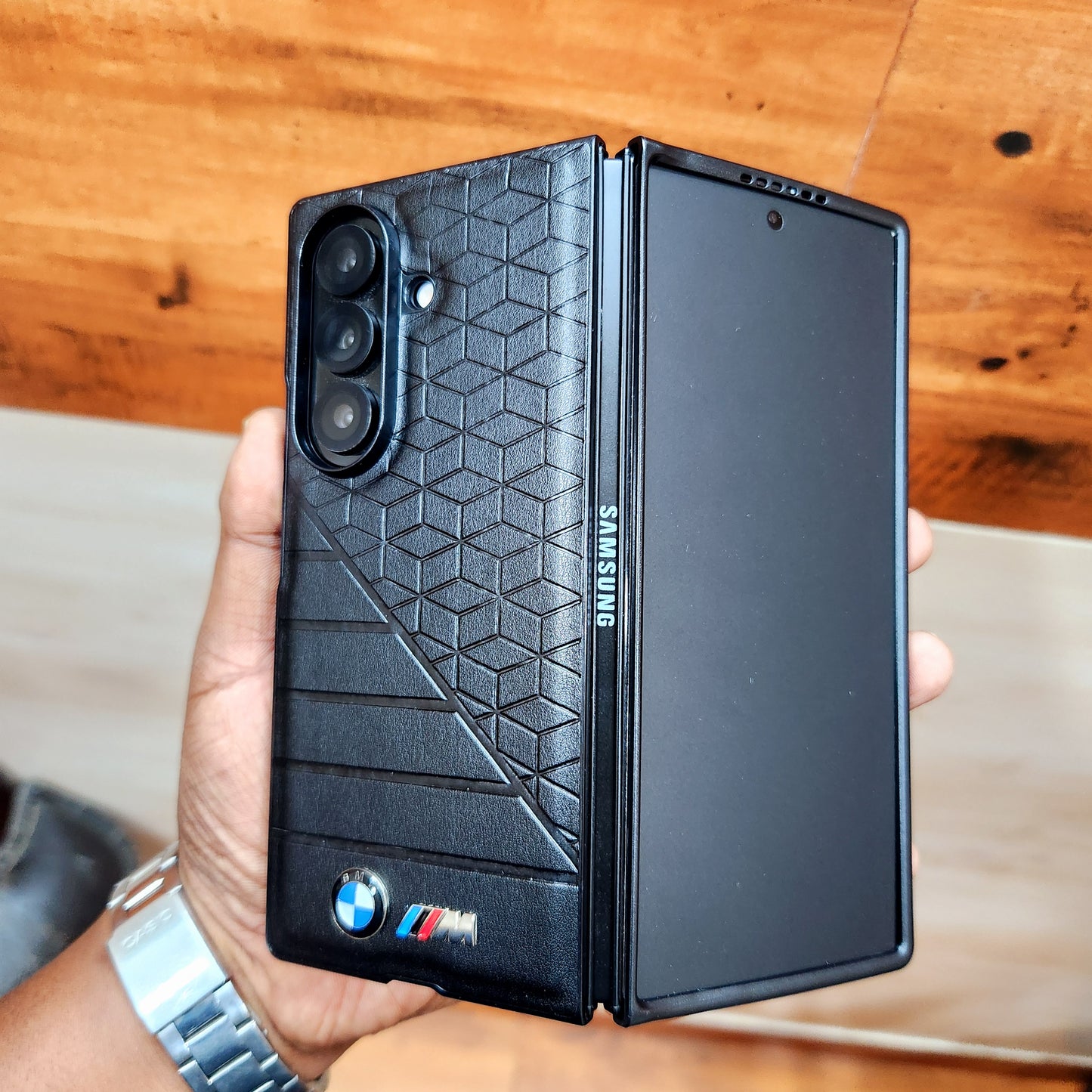 Samsung Galaxy Z Fold7 Luxury Sport Car Logo Design Leather Case - Black