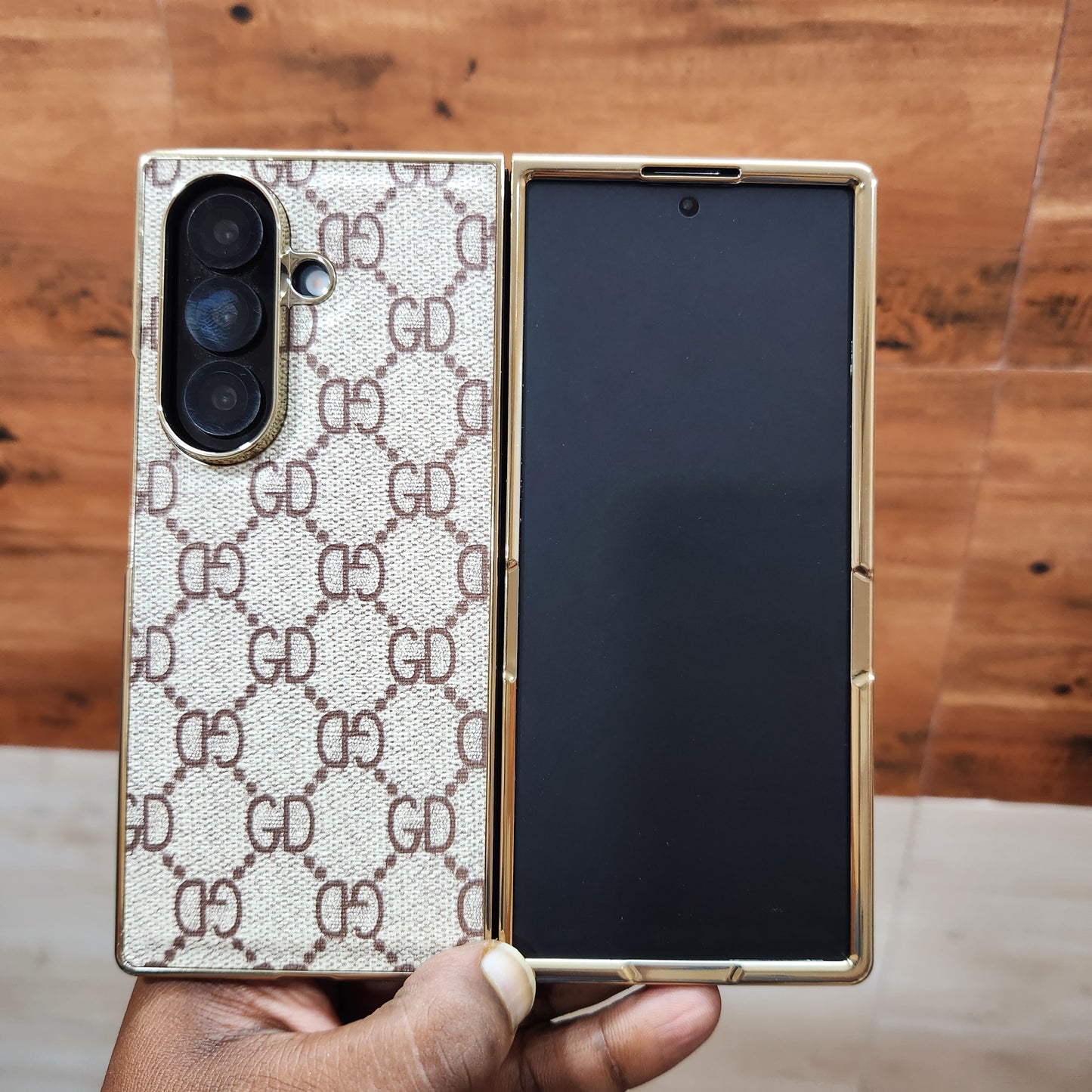 Samsung Galaxy Z Fold7 Luxury Check Pettern Gold Plated Leather Case - White