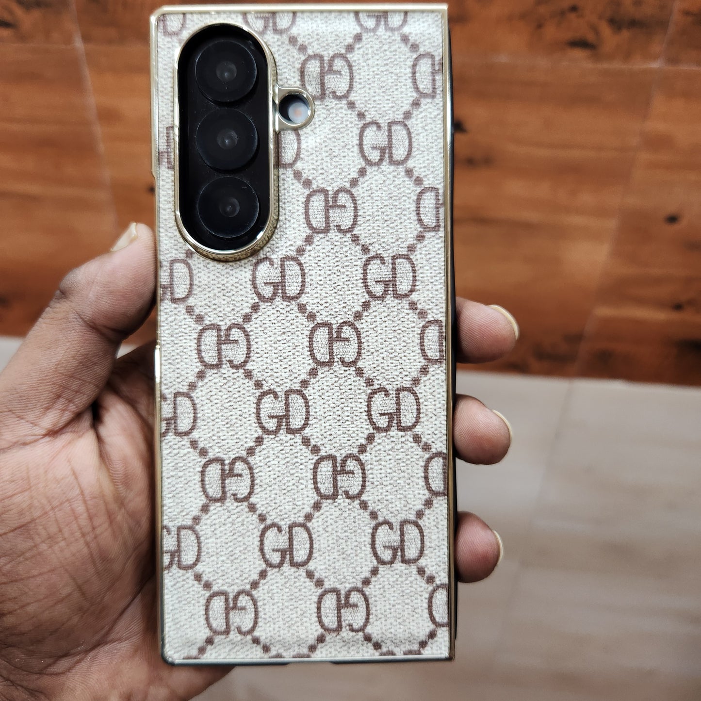 Samsung Galaxy Z Fold7 Luxury Check Pettern Gold Plated Leather Case - White