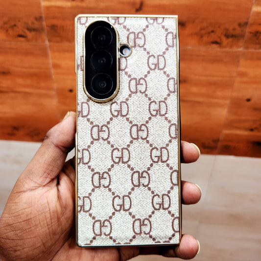 Samsung Galaxy Z Fold7 Luxury Check Pettern Gold Plated Leather Case - White