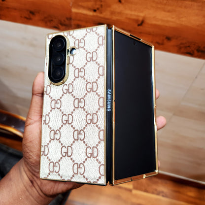 Samsung Galaxy Z Fold7 Luxury Check Pettern Gold Plated Leather Case - White