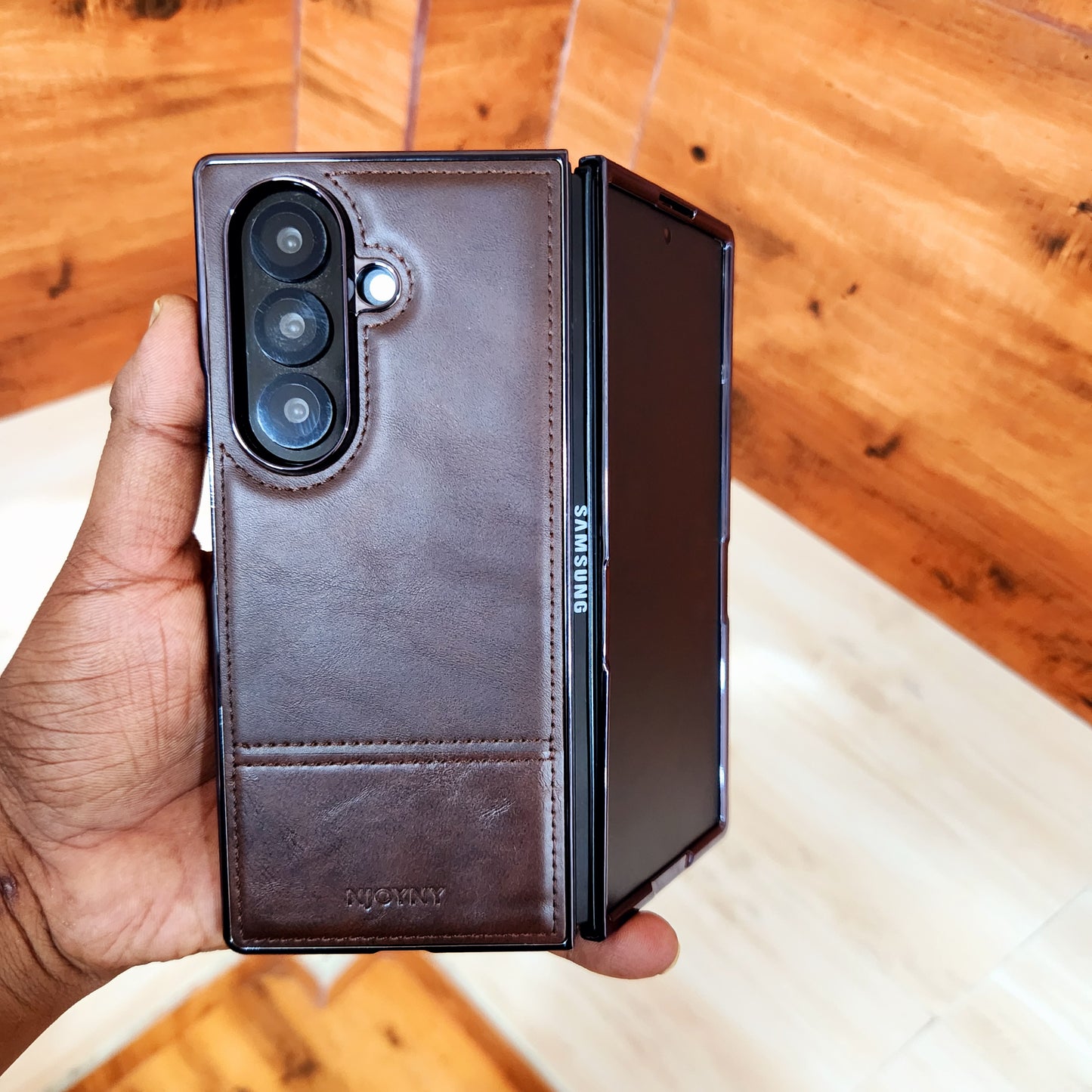 Samsung Galaxy Z Fold7 Bussiness Style Electroplating Leather Case - Coffee