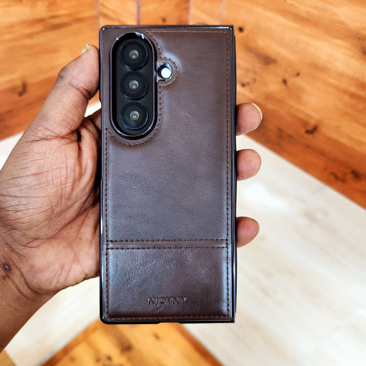 Samsung Galaxy Z Fold7 Bussiness Style Electroplating Leather Case - Coffee