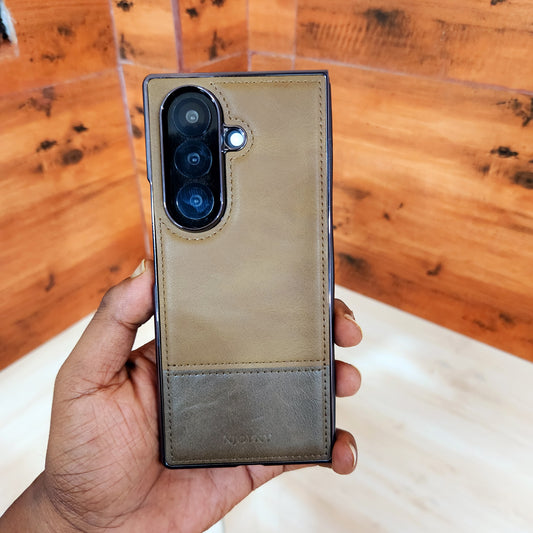 Samsung Galaxy Z Fold7 Bussiness Style Electroplating Leather Case - Brown