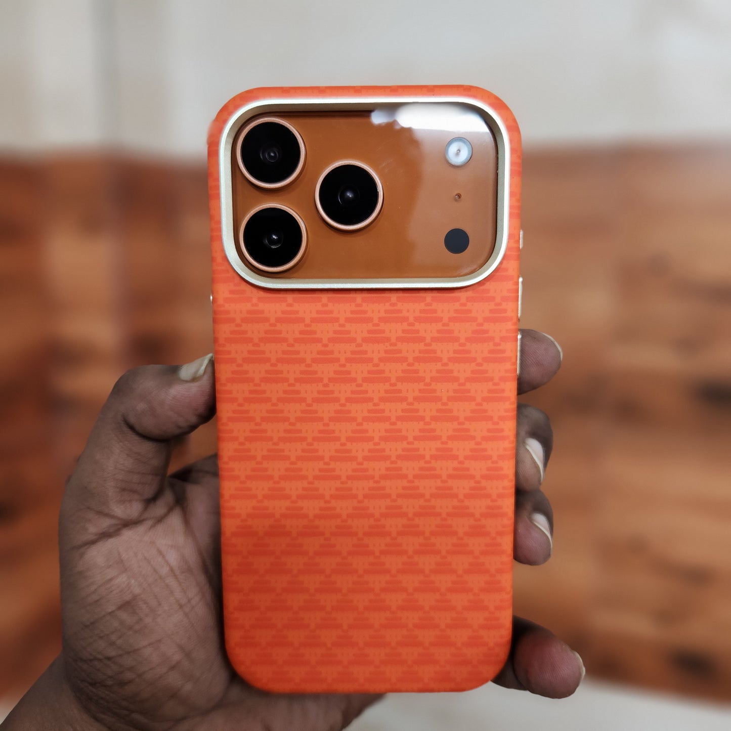 iPhone 17 Pro Max Sibling Series Sleek Cross Texture Case with Metal Camera Protection - Orange