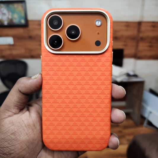 iPhone 17 Pro Max Sibling Series Sleek Cross Texture Case with Metal Camera Protection - Orange