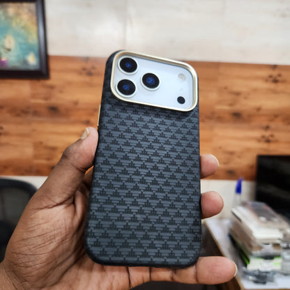 iPhone 17 Pro Max Sibling Series Sleek Cross Texture Case with Metal Camera Protection - Black