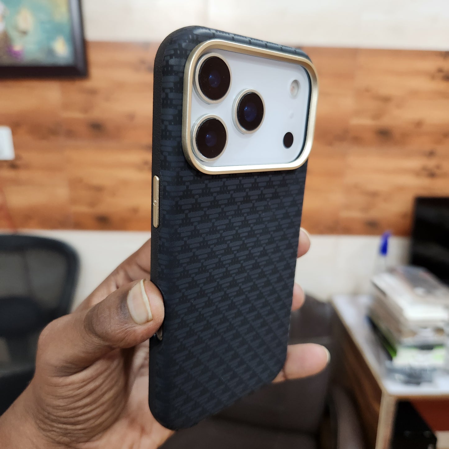 iPhone 17 Pro Max Sibling Series Sleek Cross Texture Case with Metal Camera Protection - Black