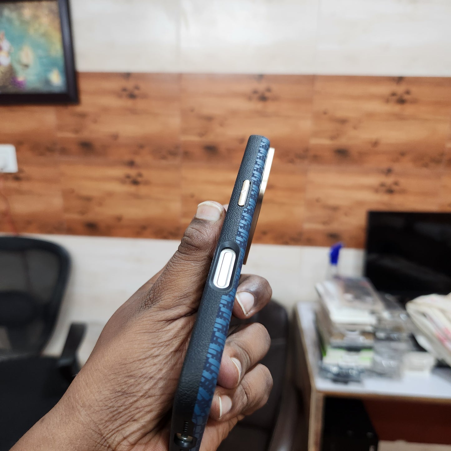 iPhone 17 Pro Max Sibling Series Sleek Cross Texture Case with Metal Camera Protection - Blue