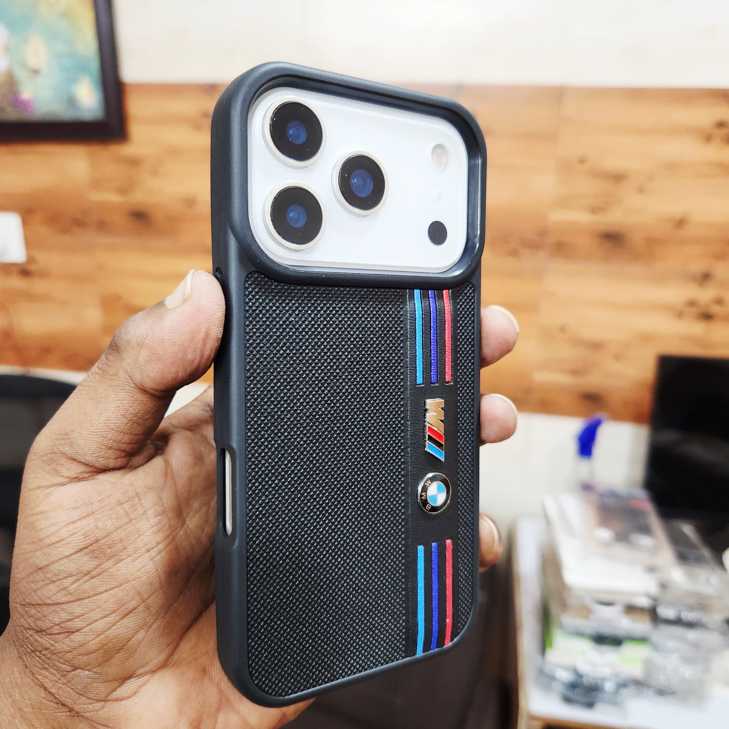 iPhone 17 Pro Leather Case Luxury Dot Pettern with Sports Car Logo - Black