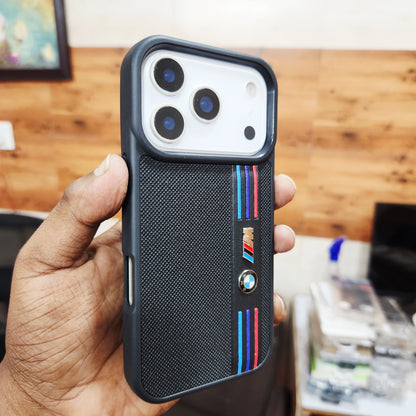 iPhone 17 Pro Leather Case Luxury Dot Pettern with Sports Car Logo - Black