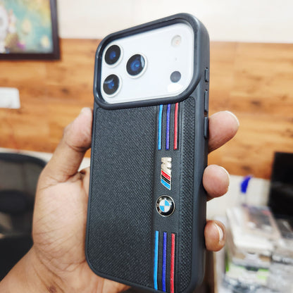 iPhone 17 Pro Leather Case Luxury Dot Pettern with Sports Car Logo - Black