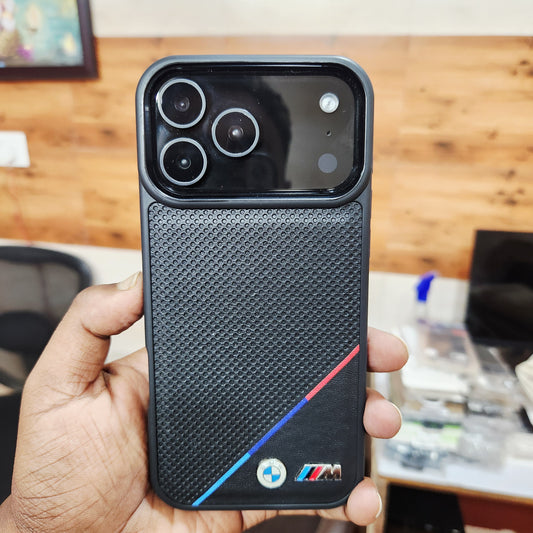 iPhone 17 Pro Max Leather Case Luxury Dot Pettern with Sports Car Logo - Black