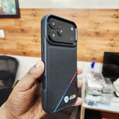 iPhone 17 Pro Max Leather Case Luxury Dot Pettern with Sports Car Logo - Black