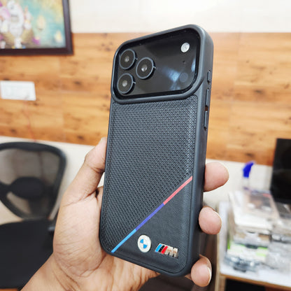 iPhone 17 Pro Max Leather Case Luxury Dot Pettern with Sports Car Logo - Black