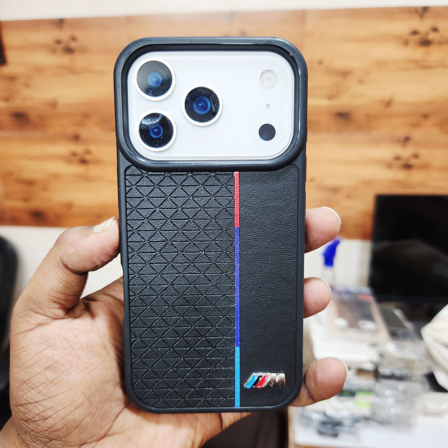 iPhone 17 Pro Back Cover Luxury Sports Car Logo Leather Case - Black