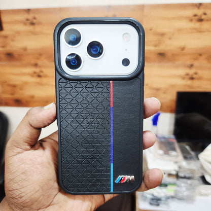 iPhone 17 Pro Back Cover Luxury Sports Car Logo Leather Case - Black