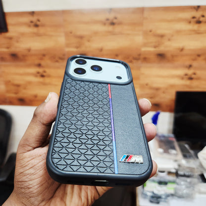 iPhone 17 Pro Back Cover Luxury Sports Car Logo Leather Case - Black