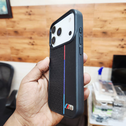 iPhone 17 Pro Back Cover Luxury Sports Car Logo Leather Case - Black