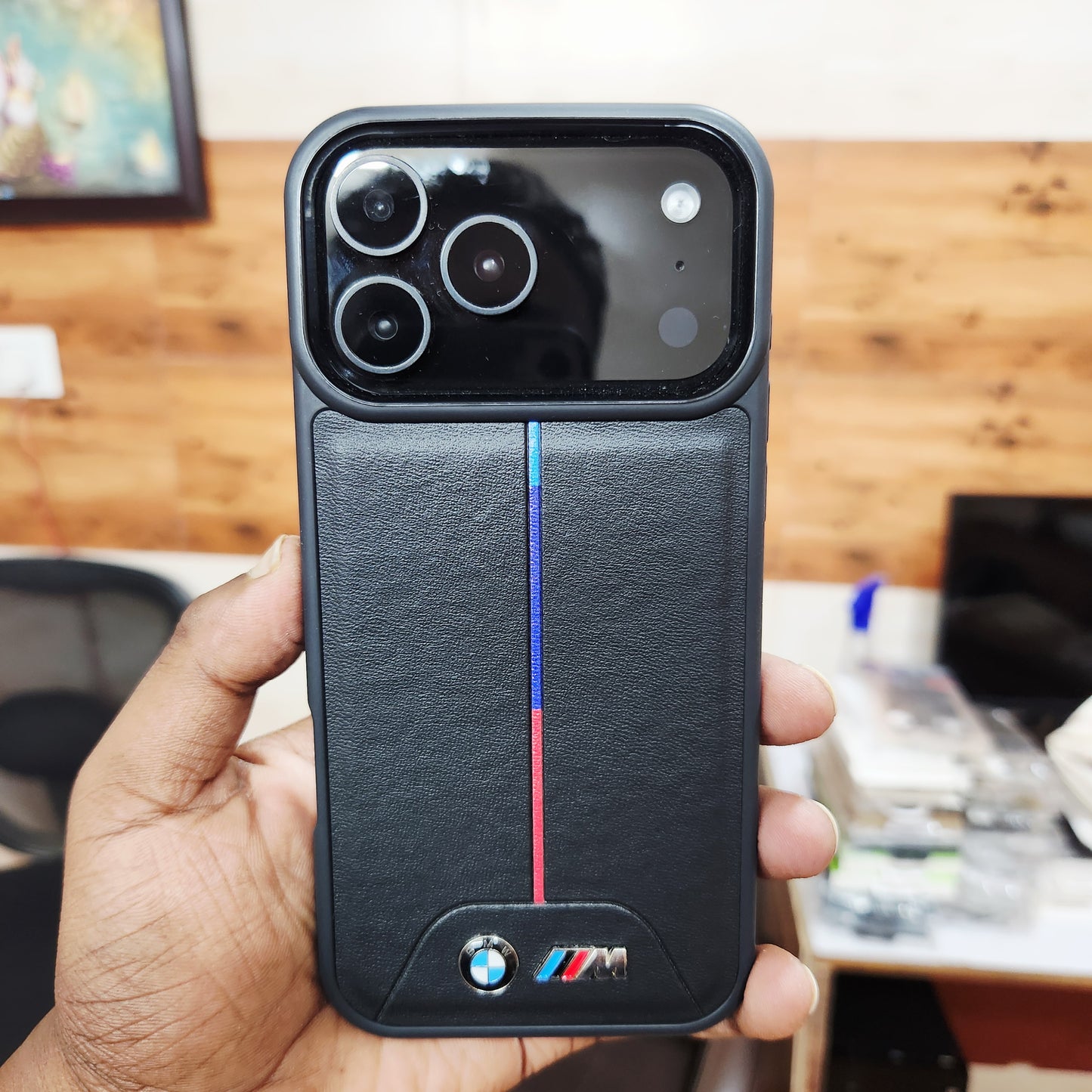 iPhone 17 Pro Max Leather Case with Luxury Sports Car Logo - Black