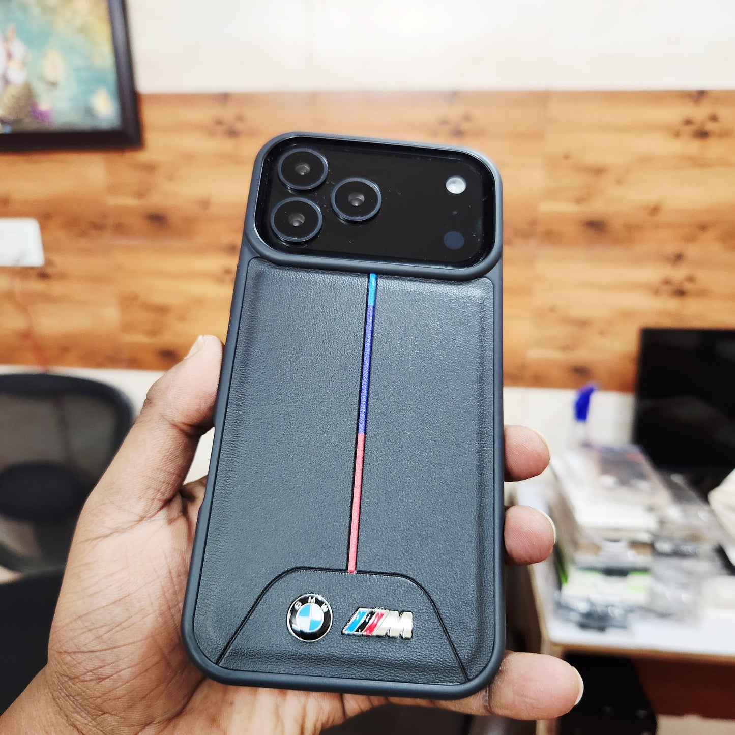 iPhone 17 Pro Max Leather Case with Luxury Sports Car Logo - Black