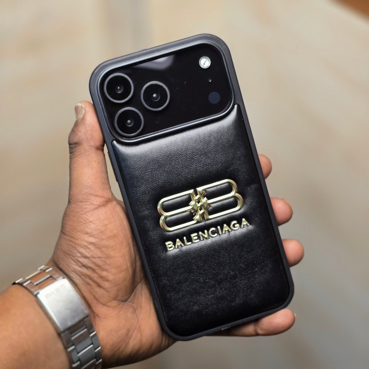 iPhone 17 Pro Leather Case Luxury Pattern with Plated Logo - Black