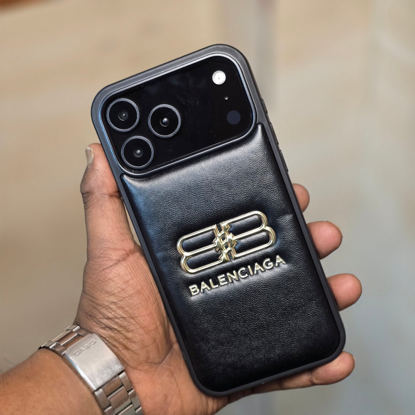 iPhone 17 Pro Leather Case Luxury Pattern with Plated Logo - Black