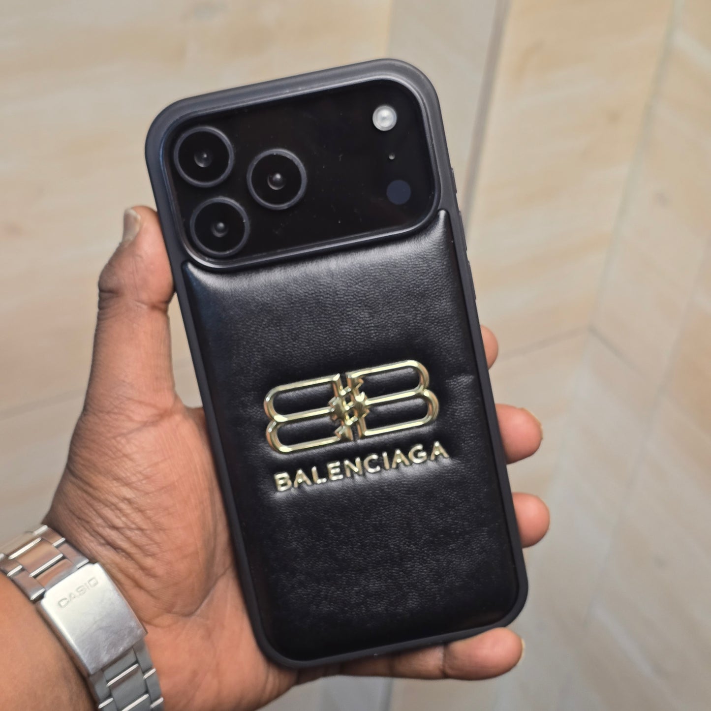 iPhone 17 Pro Leather Case Luxury Pattern with Plated Logo - Black