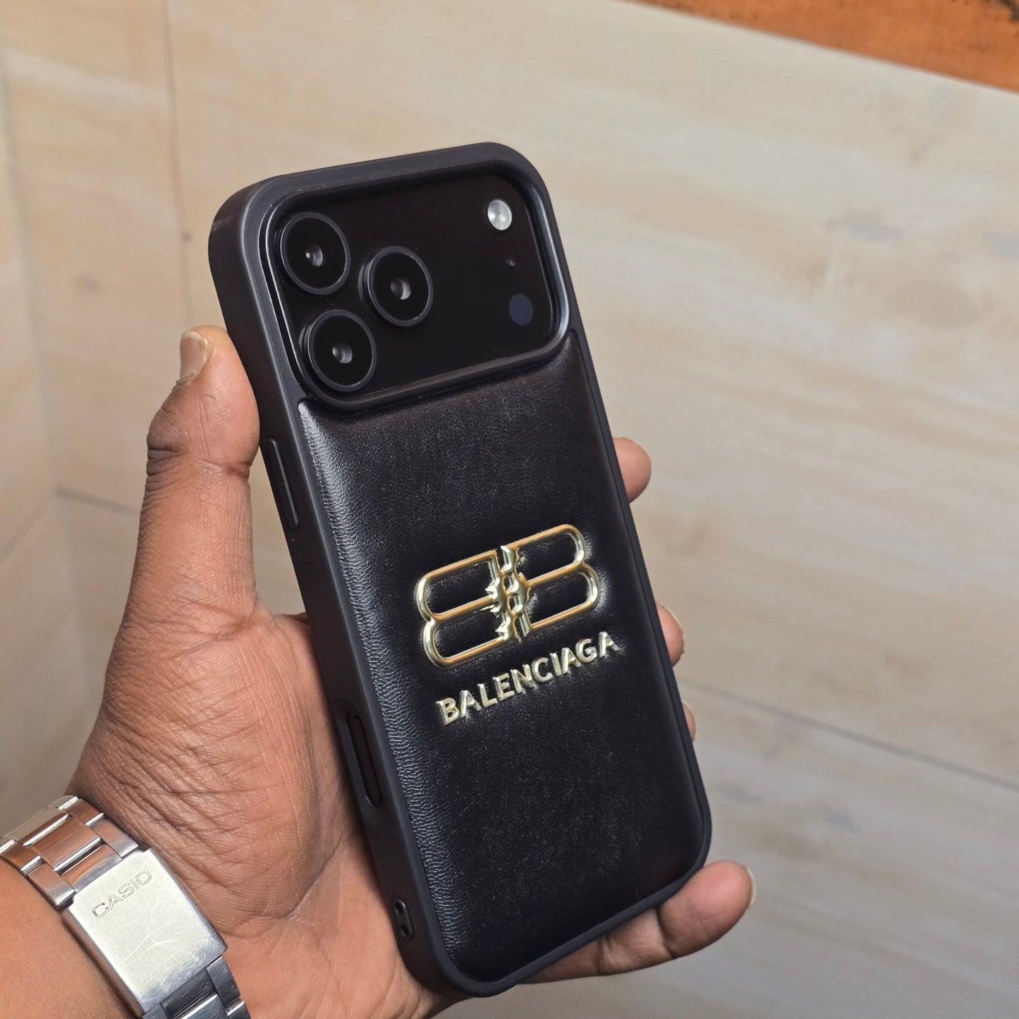 iPhone 17 Pro Leather Case Luxury Pattern with Plated Logo - Black