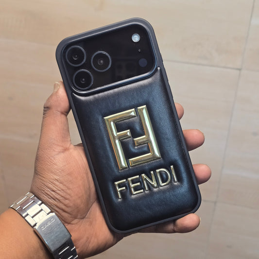 iPhone 17 Pro Max Leather Case Luxury Pattern with Plated Logo - Black