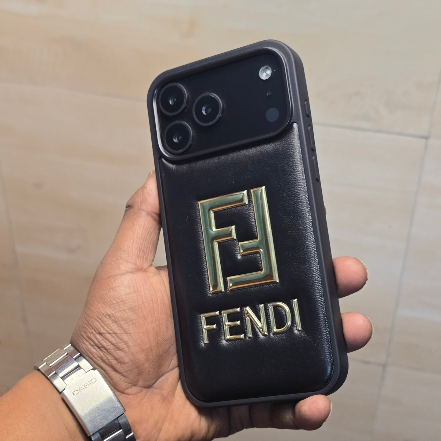 iPhone 17 Pro Leather Case Luxury Pattern with Plated Logo - Black