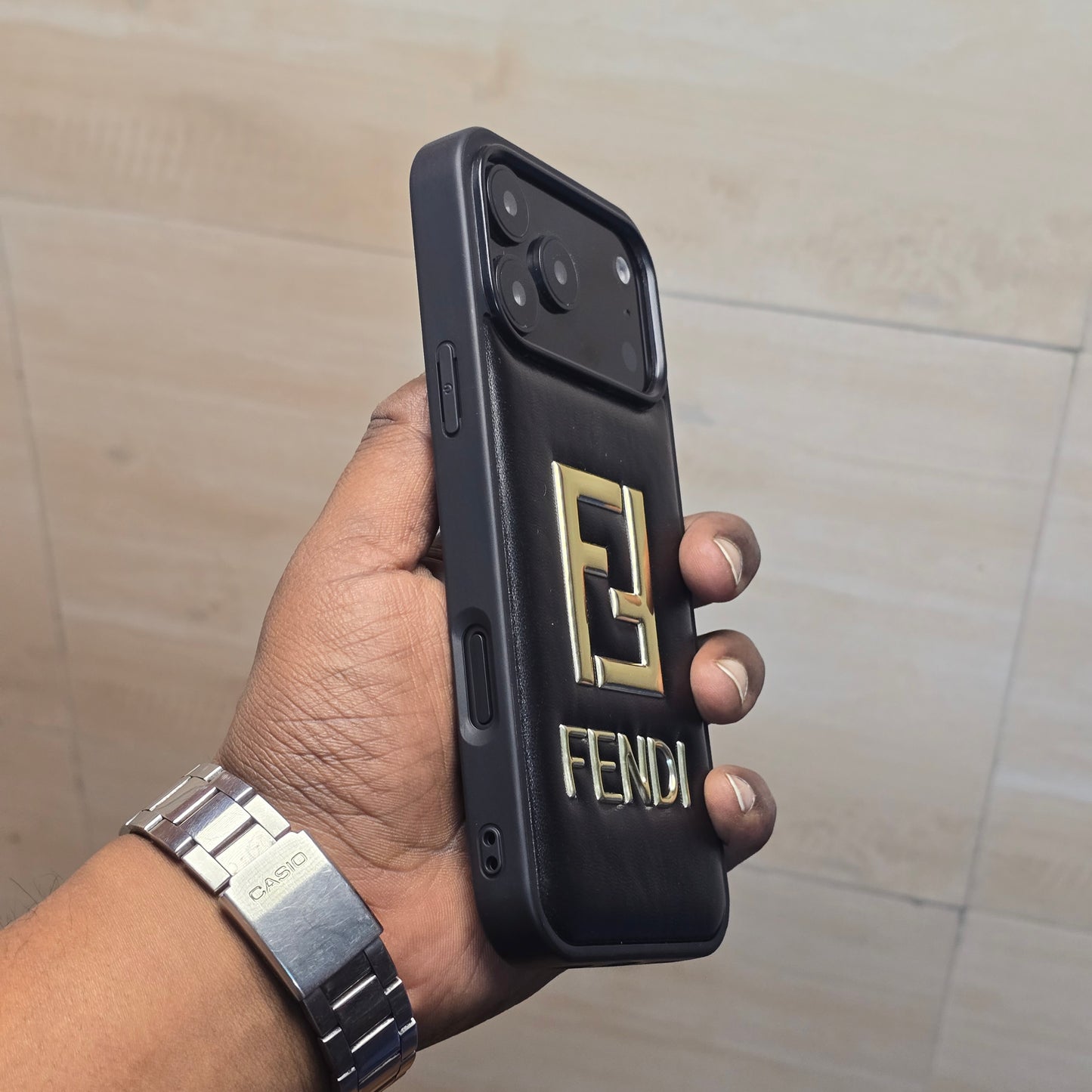 iPhone 17 Pro Leather Case Luxury Pattern with Plated Logo - Black
