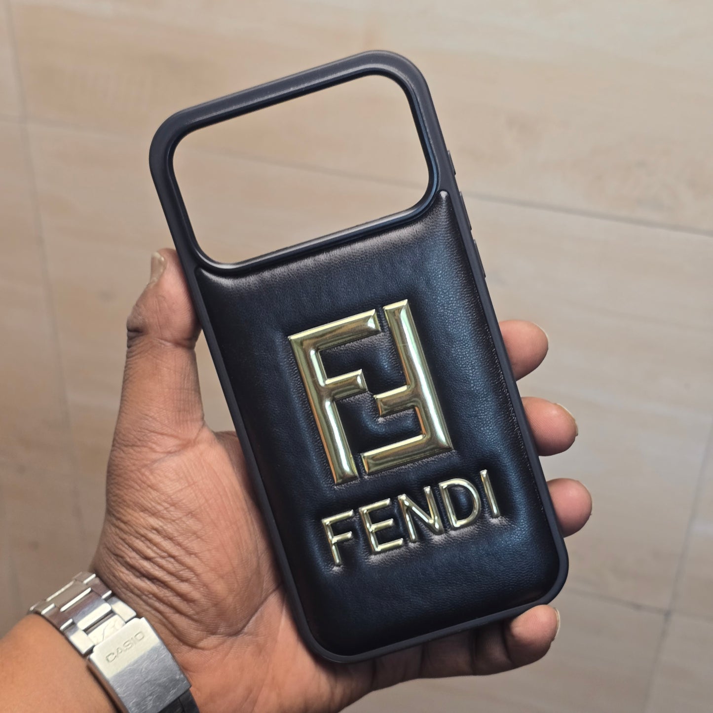 iPhone 17 Pro Leather Case Luxury Pattern with Plated Logo - Black