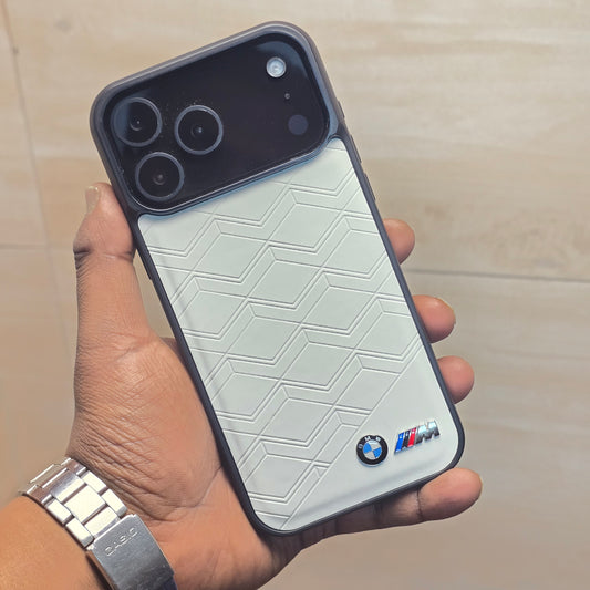 iPhone 17 Pro Max Leather Case Luxury Pattern with Plated Logo - White