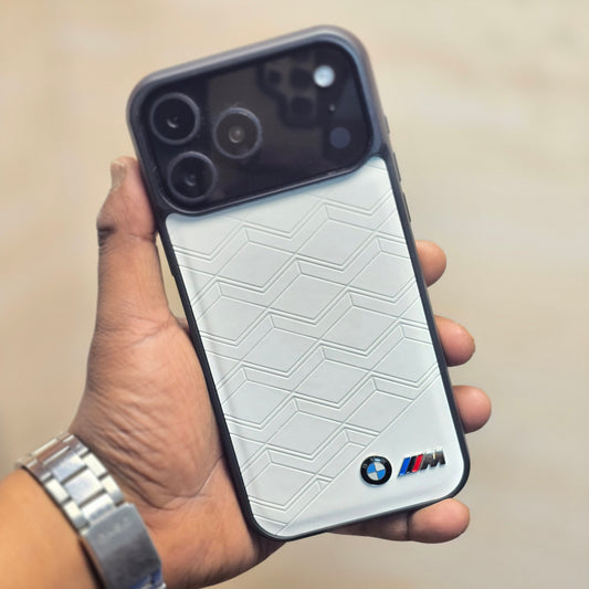 iPhone 17 Pro Max Leather Case Luxury Pattern with Plated Logo - White