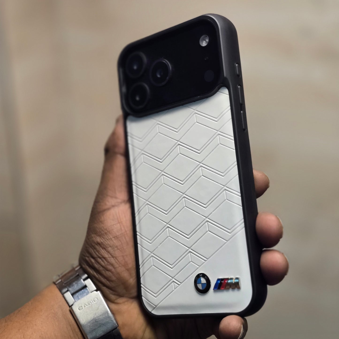 iPhone 17 Pro Max Leather Case Luxury Pattern with Plated Logo - White